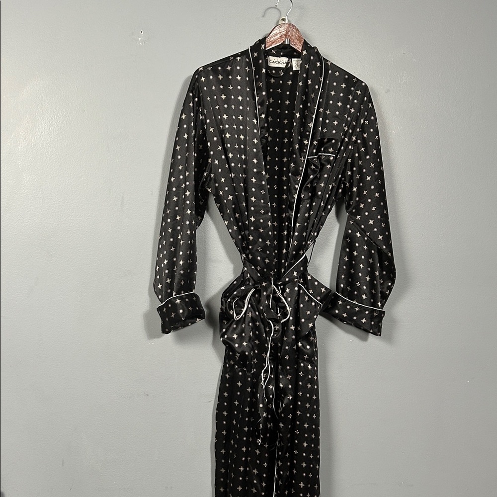 cacique satin black print unisex belted robe size S vintage